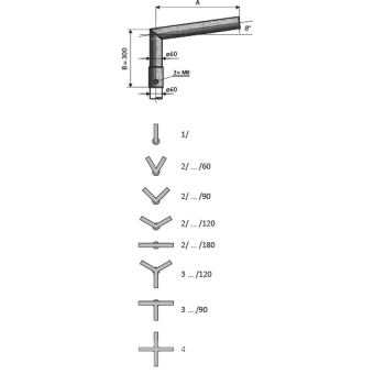 KOV SK 2-500/180 Z … výložník lomený dvouramenný, úhel ramen 180°, vyložení 0,5 m, žárově pozinkováno