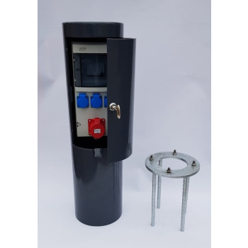 ES013 … energetický sloupek s kombinovaným chráničem 3x16A/30mA a zásuvkami 1x16A/400V; 3x16A/230V; výška 90cm, průměr 25cm, IP54