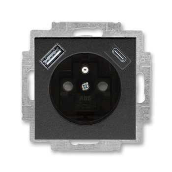 ABB Zásuvka jednonásobná s ochranným kolíkem, s clonkami, USB A/C; Levit; onyx/kouřová černá